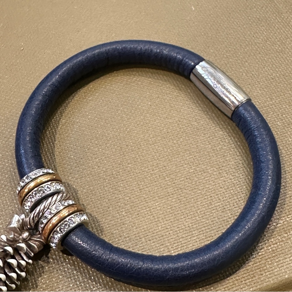 Brighton Woodstock Navy Bracelet Pinecone Charm Crystal Ring Set Large 7.75” - Picture 3 of 7